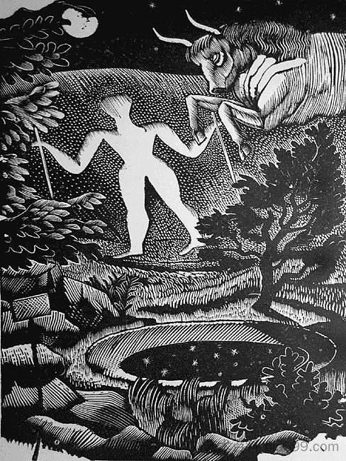 五月，威尔明顿长人的木刻 May, woodcut of the Long Man of Wilmington (1925)，艾里克·拉斐留斯