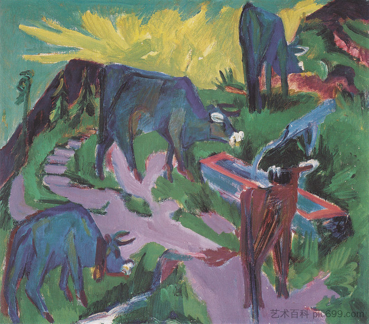 日落时的奶牛 Cows at Sunset (1918 - 1919)，恩斯特·路德维希·克尔希纳