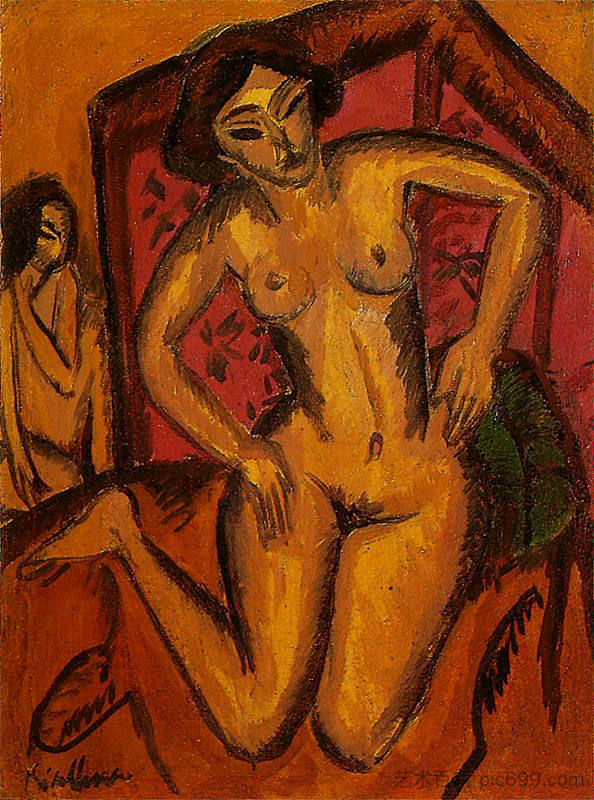 女性裸体跪在红屏前 Female Nude Kneeling before a Red Screen (1912)，恩斯特·路德维希·克尔希纳