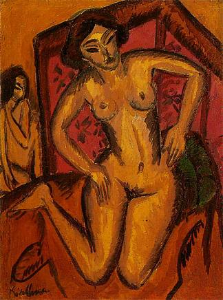 女性裸体跪在红屏前 Female Nude Kneeling before a Red Screen (1912)，恩斯特·路德维希·克尔希纳