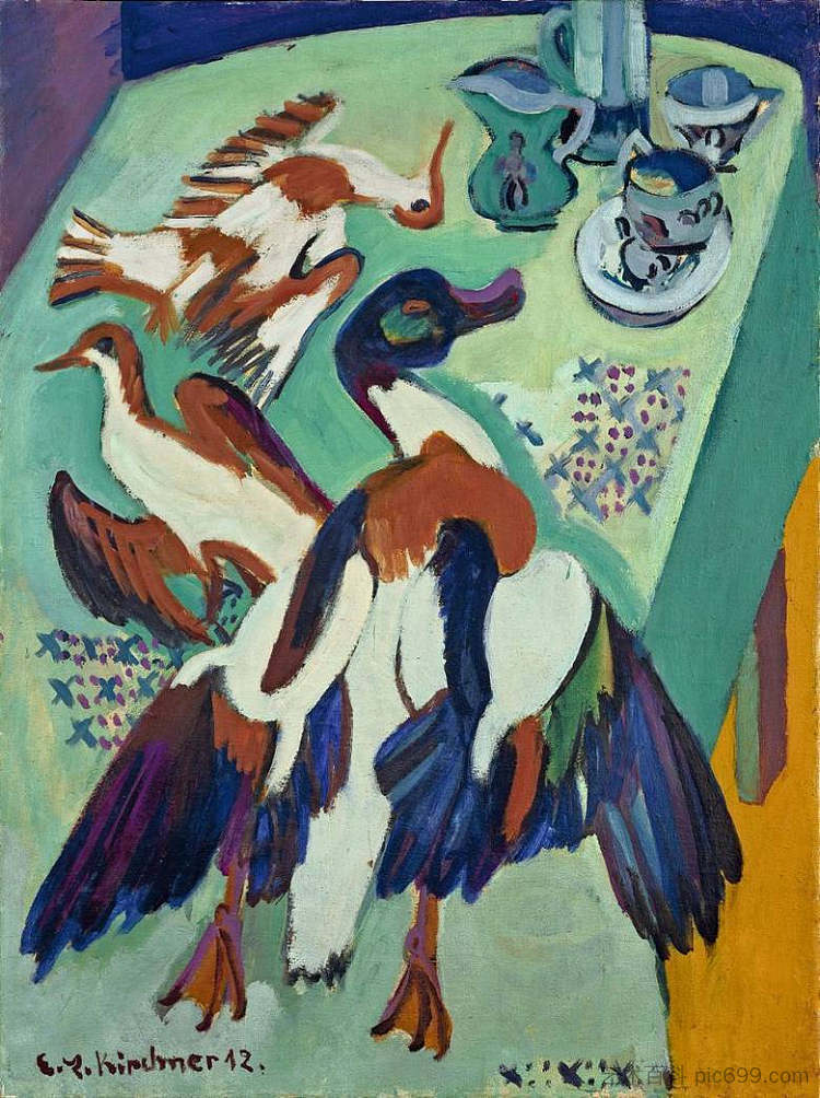 静物与鸭子和鹬 Still Life with Duck and Snipe (1920)，恩斯特·路德维希·克尔希纳