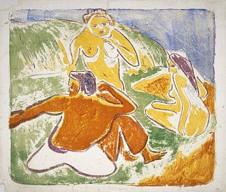 海滩上的三个沐浴者 Three Bathers on the Beach (c.1909)，恩斯特·路德维希·克尔希纳