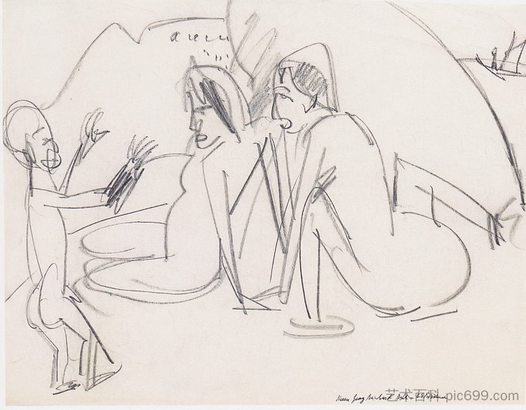 海滩上的女人和雕塑 Women and Sculptures on the Beach (c.1912),恩斯特·路德维希·克尔希纳