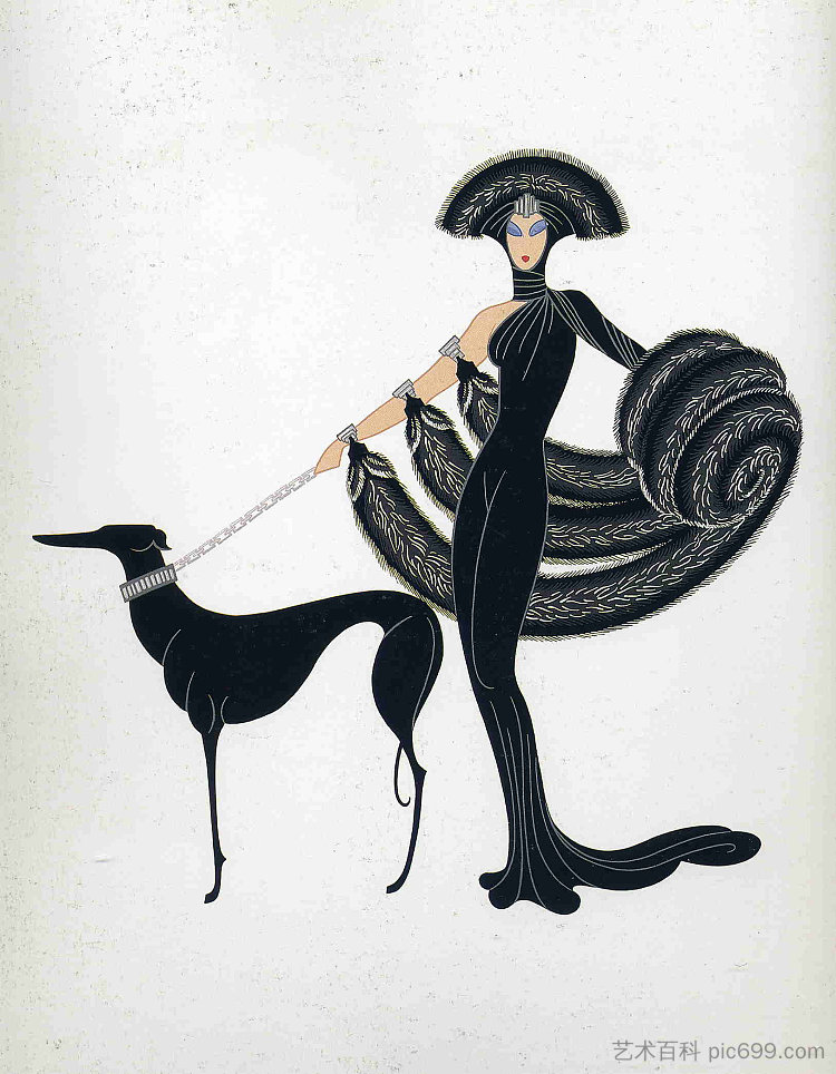 服装设计：身穿黑色衣服的女人，皮草，帽子和狗牵着 Costume design: woman dressed in black, with furs, hat and dog on a lead，埃尔特