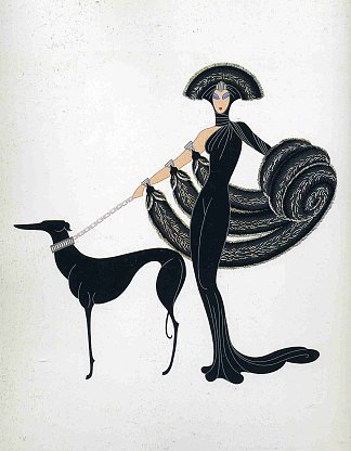 服装设计：身穿黑色衣服的女人，皮草，帽子和狗牵着 Costume design: woman dressed in black, with furs, hat and dog on a lead，埃尔特