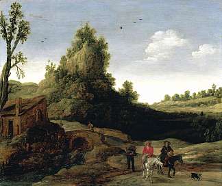 旅行者在小住宅前过桥的风景 A landscape with travellers crossing a bridge before a small dwelling (1622)，艾萨亚斯·凡·德·维尔德