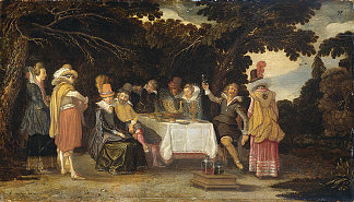 优雅的露天公司用餐 Elegant company dining in the open air (1615)，艾萨亚斯·凡·德·维尔德