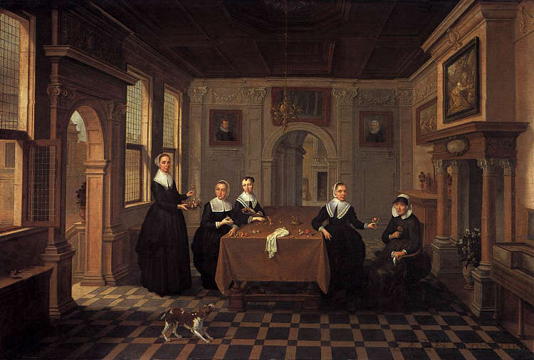 室内五位女士 Five Ladies in an Interior (c.1625)，艾萨亚斯·凡·德·维尔德