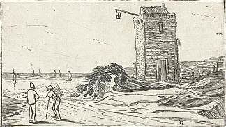沿着海滩上的灯塔走小径 Path along a lighthouse on the beach (c.1614)，艾萨亚斯·凡·德·维尔德