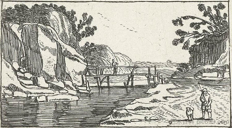 岩石景观与沿河道路 Rocky Landscape with road along river (c.1614)，艾萨亚斯·凡·德·维尔德