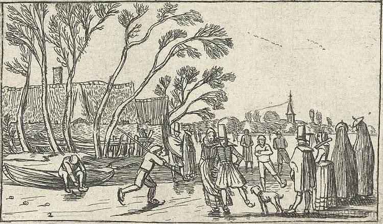 农场冰上溜冰者 Skaters on the ice at a farm (c.1614)，艾萨亚斯·凡·德·维尔德