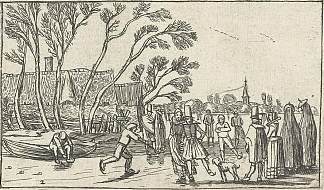 农场冰上溜冰者 Skaters on the ice at a farm (c.1614)，艾萨亚斯·凡·德·维尔德