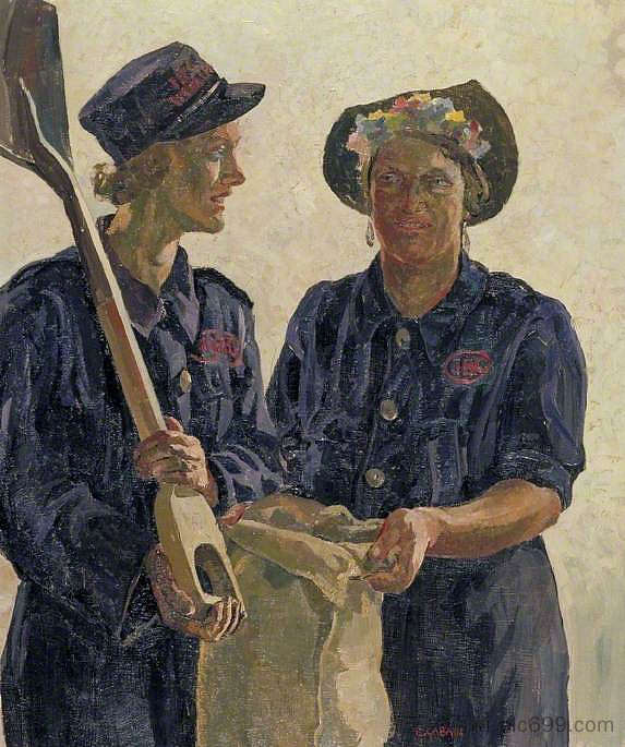 沙袋填充,伊斯灵顿自治市议会 Sandbag Filling, Islington Borough Council (c.1941),埃塞尔·莱昂廷·加班