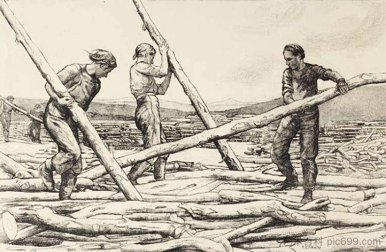 皮丘利什木材营地的女伐木工人 Women Lumberjacks at Pityoulish Lumber Camp (1941),埃塞尔·莱昂廷·加班