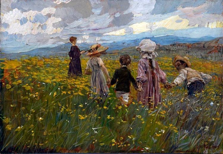 盛开的草地（亚细亚高原上的孩子们） Meadow in Bloom (Children on the Asiago Plateau) (1901)，埃托雷·铁托