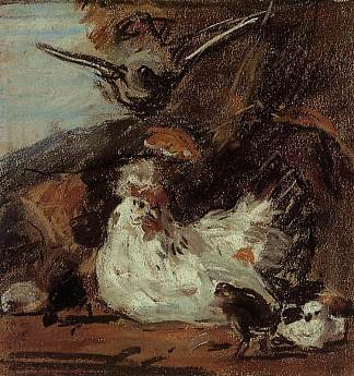 一只母鸡和她的小鸡（以梅尔基奥尔·德·洪德科特的名字命名） A Hen and Her Chicks (after Melchior d’Hondecoeter)，尤金·布丹