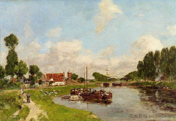 索姆河畔圣瓦列里运河上的驳船 Barges on the canal at Saint-Valery-sur-Somme (1891; France  )，尤金·布丹