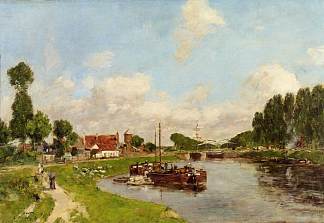 索姆河畔圣瓦列里运河上的驳船 Barges on the canal at Saint-Valery-sur-Somme (1891; France                     )，尤金·布丹