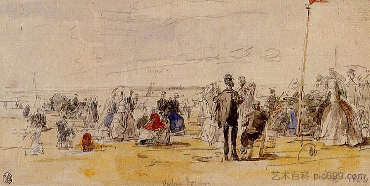 特鲁维尔的海滩场景 Beach Scene at Trouville (1866; France ),尤金·布丹