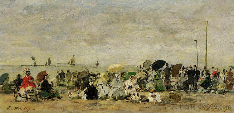 特鲁维尔的海滩场景 Beach Scene at Trouville，尤金·布丹