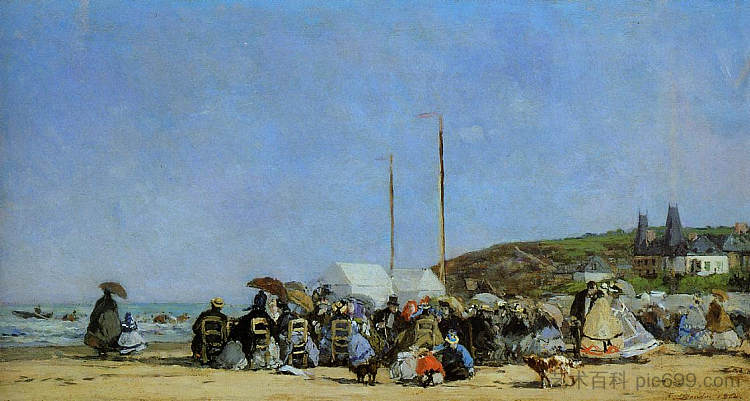 海滩风光，特鲁维尔 Beach Scene, Trouville (1864; France  )，尤金·布丹