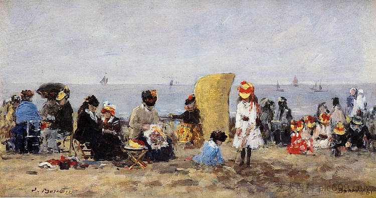 海滩风光，特鲁维尔 Beach Scene, Trouville (1881; France  )，尤金·布丹