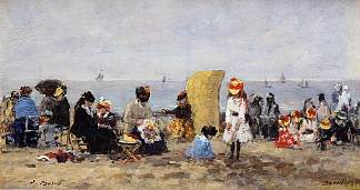 海滩风光，特鲁维尔 Beach Scene, Trouville (1881; France                     )，尤金·布丹