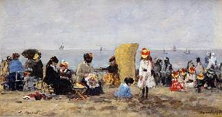 海滩风光，特鲁维尔 Beach Scene, Trouville (1881; France                     )，尤金·布丹