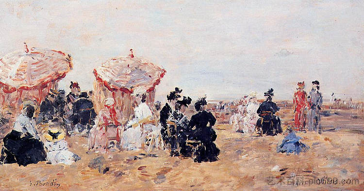 海滩风光， 维勒斯 Beach Scene, Villers (1894; France  )，尤金·布丹