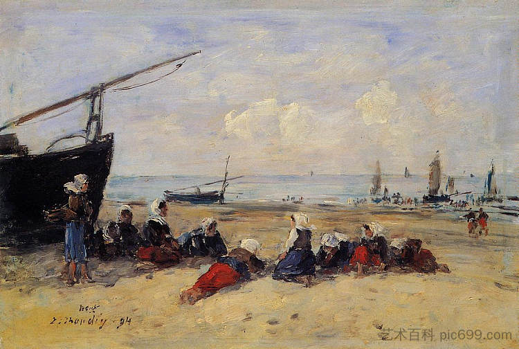 伯克， 海滩上的渔妇， 退潮 Berck, Fisherwomen on the Beach, Low Tide (1894; France  )，尤金·布丹