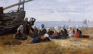 伯克，一群坐在海滩上的渔女 Berck, Group of Fishwomen Seated on the Beach，尤金·布丹