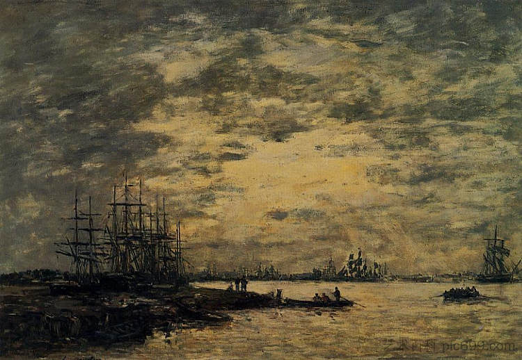 波尔多，加龙河上的船 Bordeaux, Boats on the Garonne (c.1875; France  )，尤金·布丹