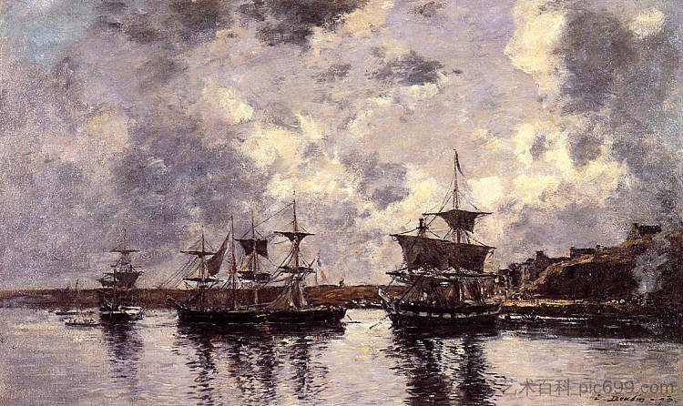 卡马雷特，三位大师停泊在港口 Camaret, Three Masters Anchored in the Harbor (1873; France  )，尤金·布丹