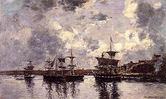 卡马雷特，三位大师停泊在港口 Camaret, Three Masters Anchored in the Harbor (1873; France                     )，尤金·布丹