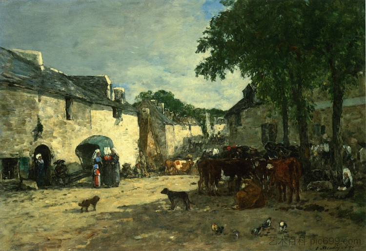 布列塔尼道乌拉斯的牛市 Cattle market at Daoulas, Brittany (1861; France  )，尤金·布丹