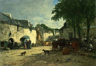 布列塔尼道乌拉斯的牛市 Cattle market at Daoulas, Brittany (1861; France                     )，尤金·布丹