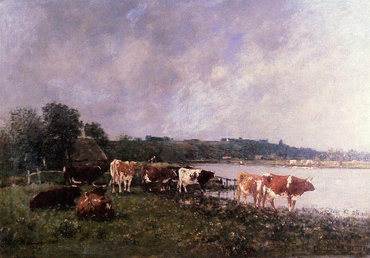 图克河畔的奶牛 Cows on the Riverbanks of the Touques (1880; France  )，尤金·布丹