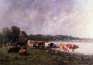 图克河畔的奶牛 Cows on the Riverbanks of the Touques (1880; France                     )，尤金·布丹