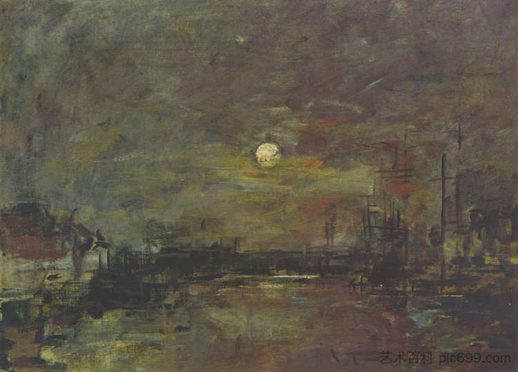 勒阿弗尔港的黄昏 Dusk over the port of Le Havre (c.1875; France  )，尤金·布丹