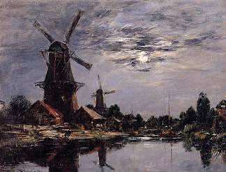 荷兰风车 Dutch Windmills (1884)，尤金·布丹