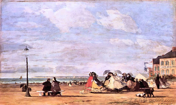 尤金妮皇后在特鲁维尔的海滩上 Empress Eugenie on the beach at Trouville (1863; France  )，尤金·布丹