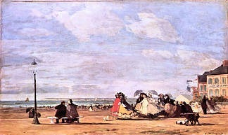 尤金妮皇后在特鲁维尔的海滩上 Empress Eugenie on the beach at Trouville (1863; France                     )，尤金·布丹