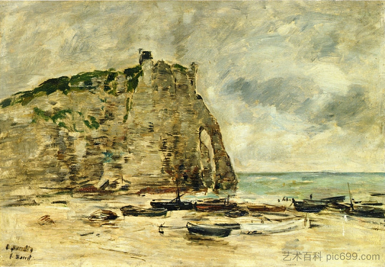 埃特雷塔特，搁浅的船和阿瓦尔悬崖 Etretat, Beached Boats and the Cliff of Aval (c.1892; France  )，尤金·布丹