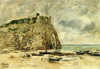 埃特雷塔特，搁浅的船和阿瓦尔悬崖 Etretat, Beached Boats and the Cliff of Aval (c.1892; France                     )，尤金·布丹