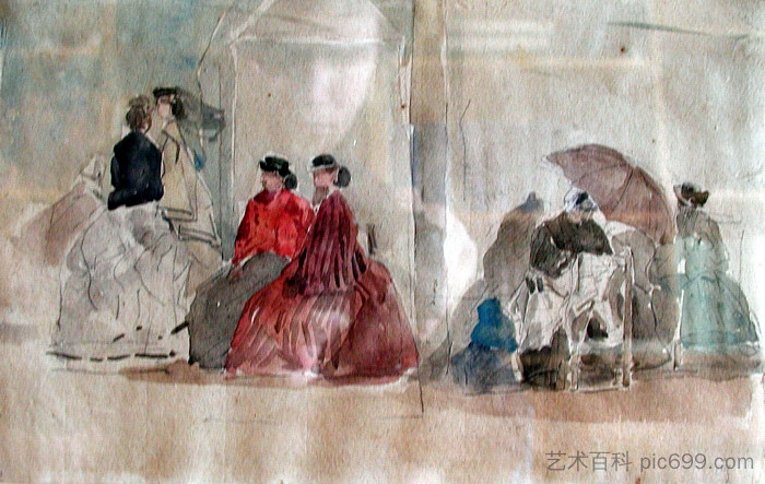 浴屋前海滩上的人物 Figures on Beach in front of Bathing Huts，尤金·布丹