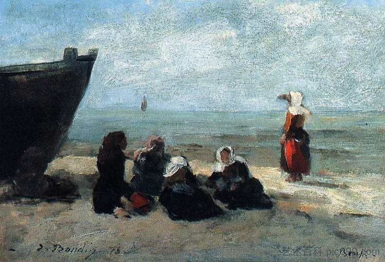 渔妇等待船只返回 Fisherwives Waiting for the Boats to Return (1875; France  )，尤金·布丹