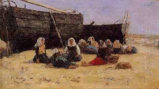 坐在伯克海滩上的渔女 Fishwomen Seated on the Beach at Berck (c.1878; France                     )，尤金·布丹