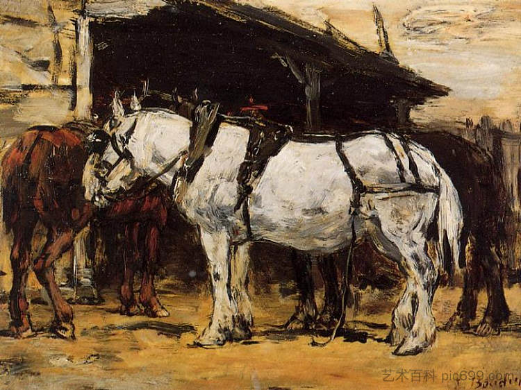 驯服马匹 Harnessed Horses (c.1890; France  )，尤金·布丹