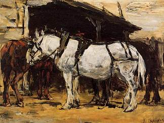 驯服马匹 Harnessed Horses (c.1890; France                     )，尤金·布丹