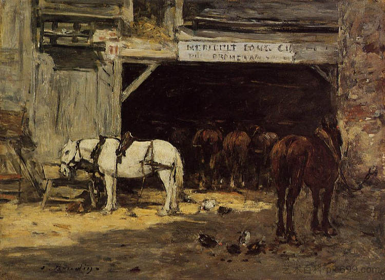 院子里的马匹出租 Horses for Hire in a Yard (c.1887; France  )，尤金·布丹